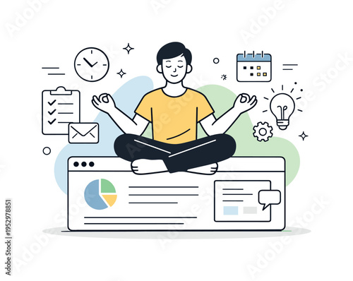Stress management. A worker balancing tasks on a screen while remaining calm and centered. Abstract shapes suggest clarity and reduced stress. Minimalist flat
