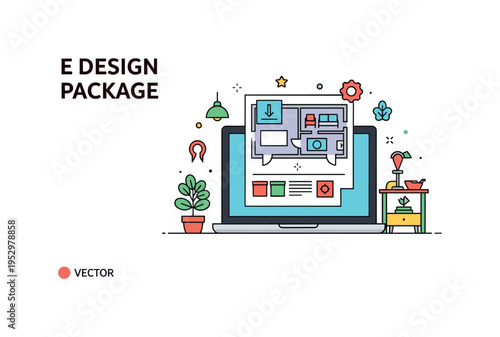 E design package concept featuring a laptop with downloadable floor plan and decor icons symbolizing convenient online service delivery. The compact badge like
