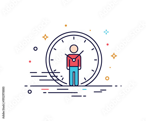 Time standing still scene with a figure centered inside a simple clock outline symbolizing suspension and frozen action. Subtle motion lines stopped mid air