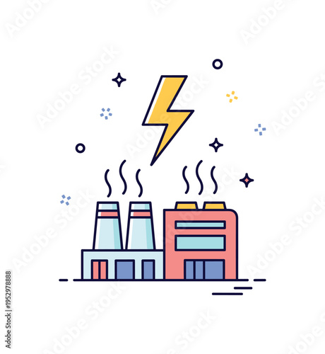 Modern incineration plant with energy recovery illustrated by a compact building emitting clean stylized steam lines and a bold electric bolt above