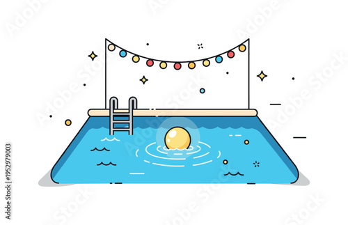 Night pool party glowing water illuminated by small string lights above and a floating light ball in the center, expressing vibrant evening fun and stylish