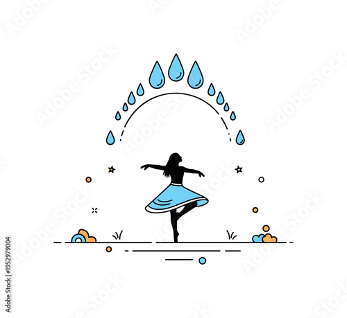Carefree rainy street moment featuring a dancer silhouette mid spin with raindrops forming a soft arc overhead, symbolizing emotional release and living in the