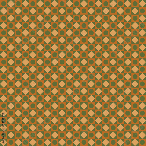 Geometric Pattern with Circles and Squares in Brown and Green