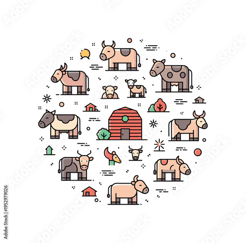 Livestock diversity showcase built around multiple simplified animal icons arranged in a circular composition, expressing variety, productivity, and integrated