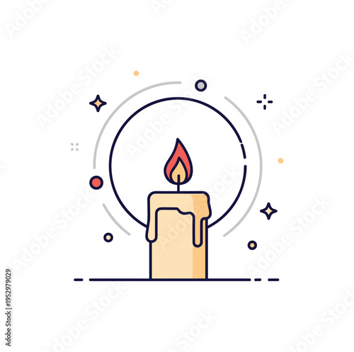 Moment of silence single candle with soft flame glow and subtle circular halo, representing loss, respect, and collective remembrance. Minimalist flat vector