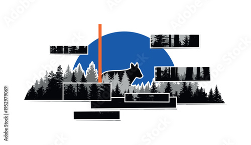 Black and white fragmented forest silhouettes with animal figure emerging between trees, large cobalt blue semicircle anchoring the upper section, thin orange