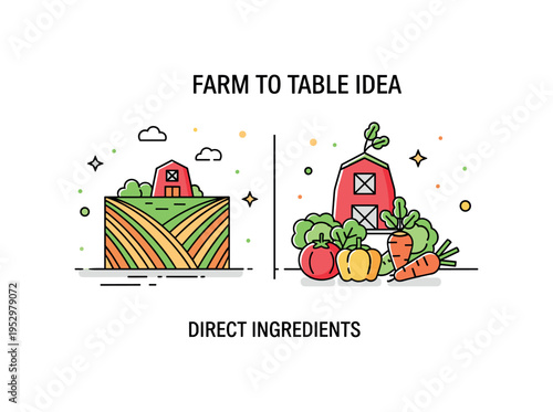 Farm to table idea featuring a simple farm field icon paired with fresh vegetables arranged in front, expressing direct sourcing and quality ingredients. The