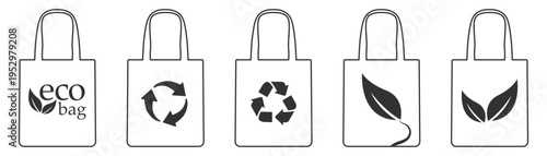 Set of eco bags with recycling and leaf symbols on transparent background