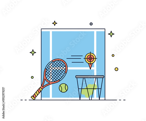 Tennis training practice illustrated by a single racket resting beside a ball basket with a small target marker on court lines. The composition reflects