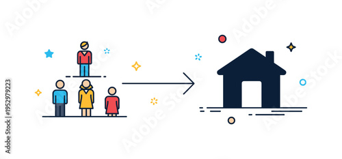 Relocation and assistance concept with a simple arrow guiding small figure icons toward a shelter building silhouette. The composition conveys transition,