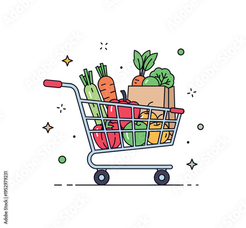 Grocery cart filled with fresh produce showing a simple shopping trolley holding vegetables, fruit, and a paper bag, expressing everyday errands and healthy