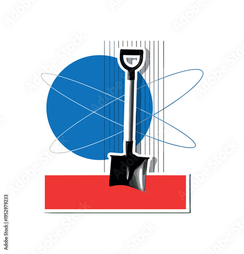 A black-and-white sandbox shovel standing upright like a monument, large flat blue circle behind it resembling a sun, bold red rectangular block at the base