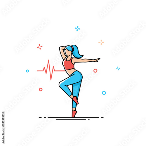 Salsa cardio fitness energy portrayed by a single dancer with subtle heartbeat line detail, communicating movement, health, and upbeat training motivation. A