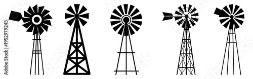 Windmill icon vector set for renewable energy and farming on transparent background