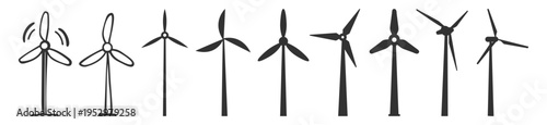 Hand drawn windmill and turbine icon set on transparent background