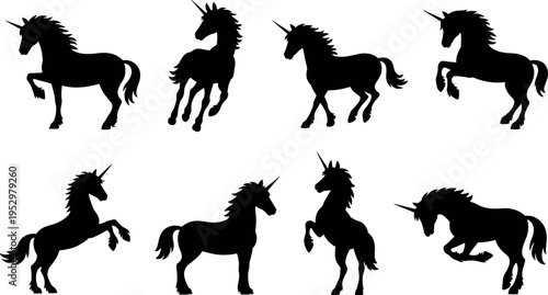 Collection of unicorn silhouettes isolated on white background featuring magical fantasy horses in various poses for design illustration and creative projects