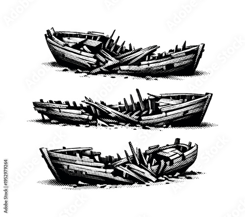 Broken boat wreck ? A wrecked wooden boat shown as the same object in three different orientations, emphasizing snapped keel sections, exposed ribs, and