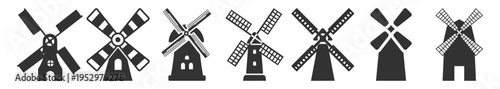 Windmill energy icon set, wind turbine renewable power and electricity symbols on transparent background