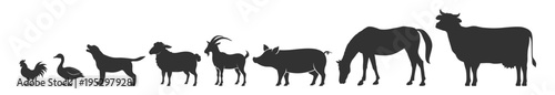 Silhouette farm animal icon set including rooster, dog, duck, sheep, goat, pig, horse, and cow on transparent background