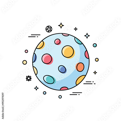 Cosmic relic radiation illustration with a simplified planet like sphere textured by abstract colored patches symbolizing traces of the Big Bang. Balanced