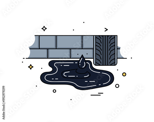 Oil spill on pavement scene centered on a dark glossy puddle with a small vehicle tire edge nearby, conveying urban hazard and environmental caution. A bold