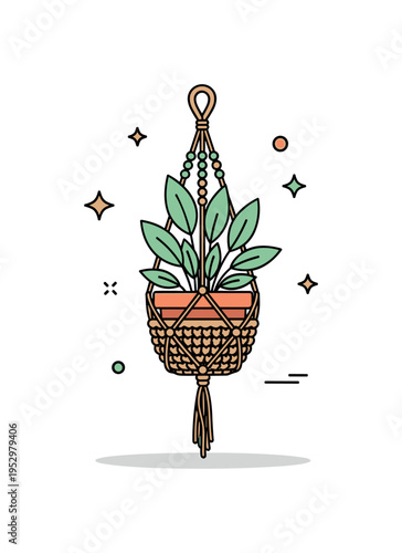 Crochet plant hanger design showing a small potted plant suspended in a woven holder with soft leaf accents, conveying boho interior trends and natural