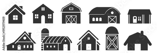 Set of house and barn building icons in silhouette style on transparent background