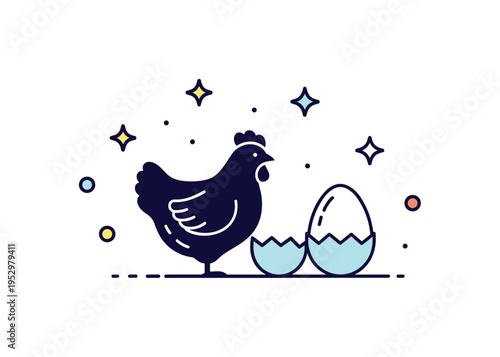 Fresh morning harvest scene depicted by a small hen silhouette beside a newly laid egg with subtle sparkle accents, expressing natural cycles, rural life, and
