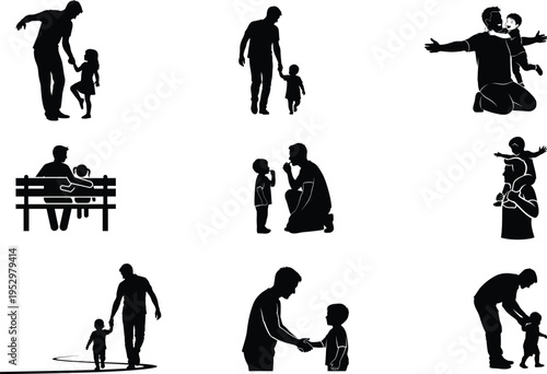 Silhouette illustrations of adults and children in various scenes and activities