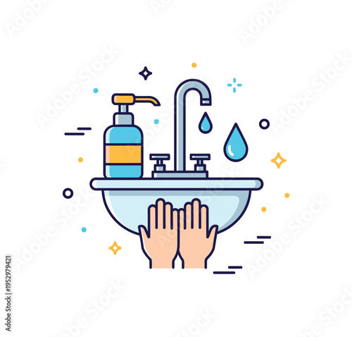 Hand hygiene at school represented by a minimal sink with soap dispenser and clean water drops forming a balanced badge composition. A clear visual reminder of