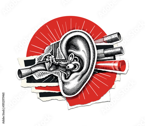 Highly detailed black and white engraved ear anatomy drawing with visible inner structures, large red semicircle behind the ear symbolizing sound waves, thin