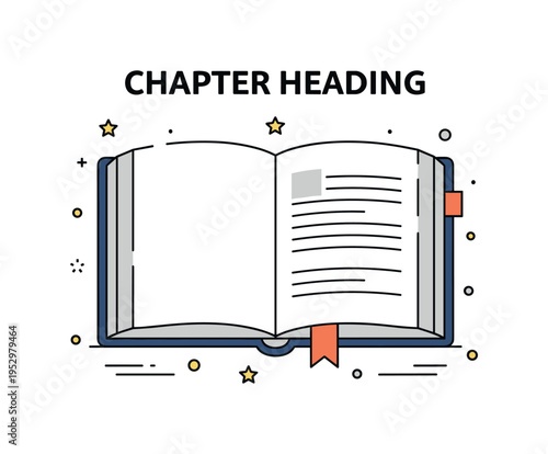 Chapter open book with a bold heading line at the top of the page and a small bookmark ribbon, expressing the beginning of a new section and structured