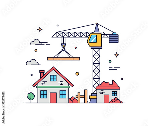 Reconstruction after conflict small crane lifting beam beside partially rebuilt house, symbolizing recovery, rebuilding and resilience after destruction.