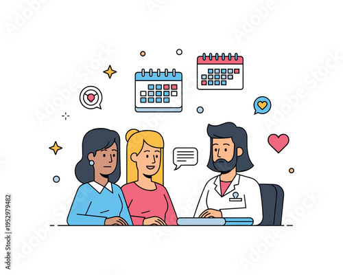 Family planning counseling couple speaking with healthcare professional at a desk with subtle calendar and heart icons, representing informed decisions and