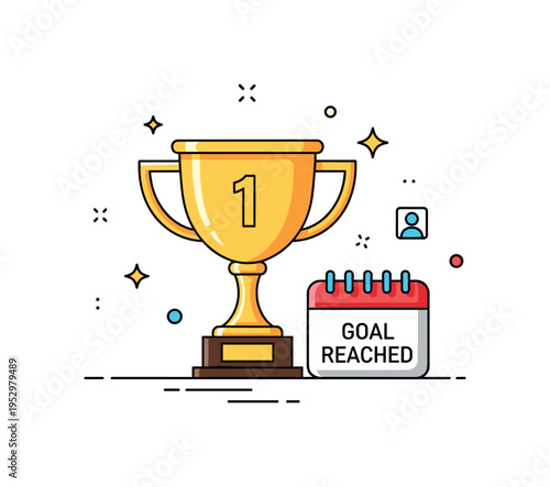Achievement milestone trophy with a golden cup standing beside a small calendar icon marked Goal Reached. The layout communicates progress, celebration of