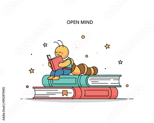 Bookworm reading peacefully while sitting on a stack of oversized books symbolizing curiosity and lifelong learning. Small star accents and a subtle Open Mind