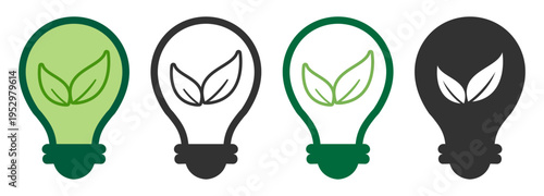 Eco light bulb icon with leaf, energy saving idea and green electricity outline symbol on transparent background