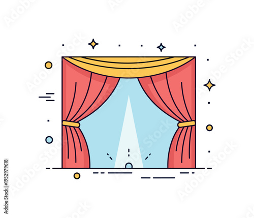 Theater performances curtain opening theme centered on a pair of softly parted stage curtains revealing a small central spotlight beam. A dramatic editorial