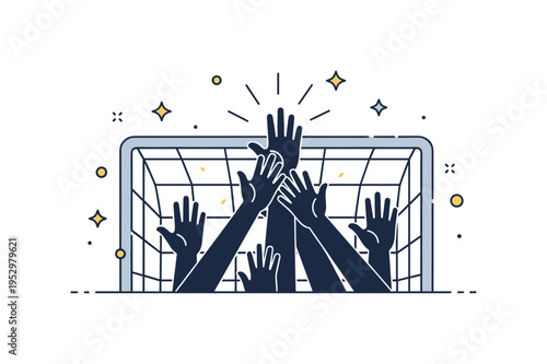 Team celebration after goal illustrated by raised hands silhouettes behind a net expressing unity, excitement, and shared victory. Subtle sparkles add a