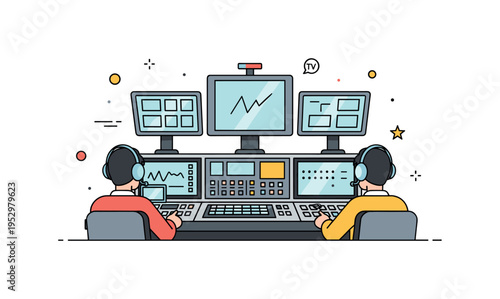 TV control room and technicians compact broadcast studio scene with a central mixing console, multiple glowing monitors and two focused operators wearing