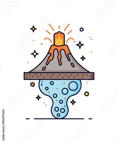 Magma chamber pressure buildup concept featuring a volcano base with expanding magma bubble shapes beneath, symbolizing heat, gas accumulation, and increasing