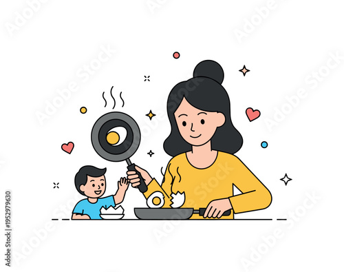 Mother and toddler preparing breakfast with a simple frying pan and cracked egg symbolizing care, daily routines, and nurturing energy. Gentle steam lines and