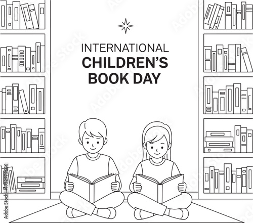 International children's book day celebrated with young readers engrossed in stories amidst towering bookshelves promoting