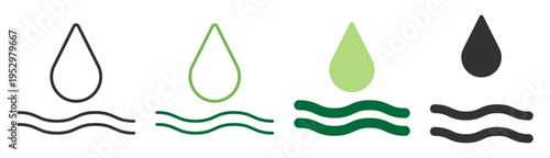 Water drop nature icon with waves in green and black, liquid and ecology symbol on transparent background