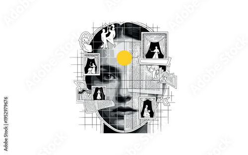 black and white face partially obscured by abstract glowing rectangular block, blue and yellow flat shapes representing cool and warm light balance, thin