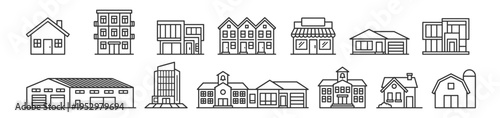 set of black outline building icons including house apartment store warehouse office school and barn on transparent background