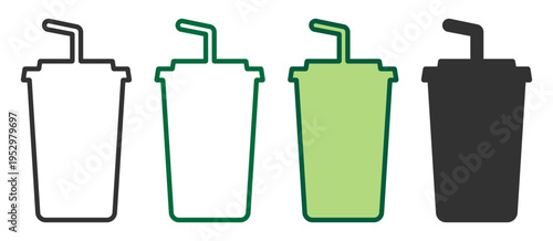 Plastic drink cup icon with straw outline filled and silhouette variations on transparent background