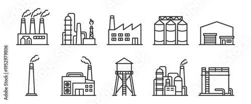 industrial factory and refinery building icons set in line style vector illustration on transparent background