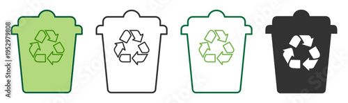 Recycling trash bin icon set with different outline and solid styles on transparent background