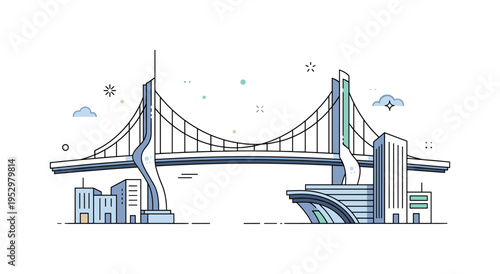 Futuristic skybridge with sleek curved design suspended high above simplified buildings symbolizing progress and forward thinking architecture. Clean lines and